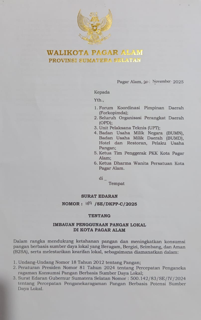 SURAT EDARAN IMBAUAN PENGGUNAAN PANGAN LOKAL DI KOTA  PAGAR ALAM
